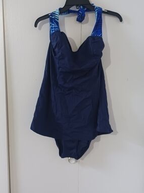 White Stag Navy One-Piece Swim Dress with Blue Patterned Halter